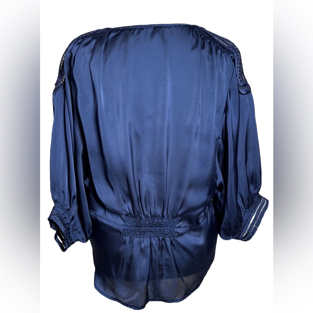 Renee C S Blue V-neck Embroidery Detail Short Sleeve Blouse - Picture 5 of 9